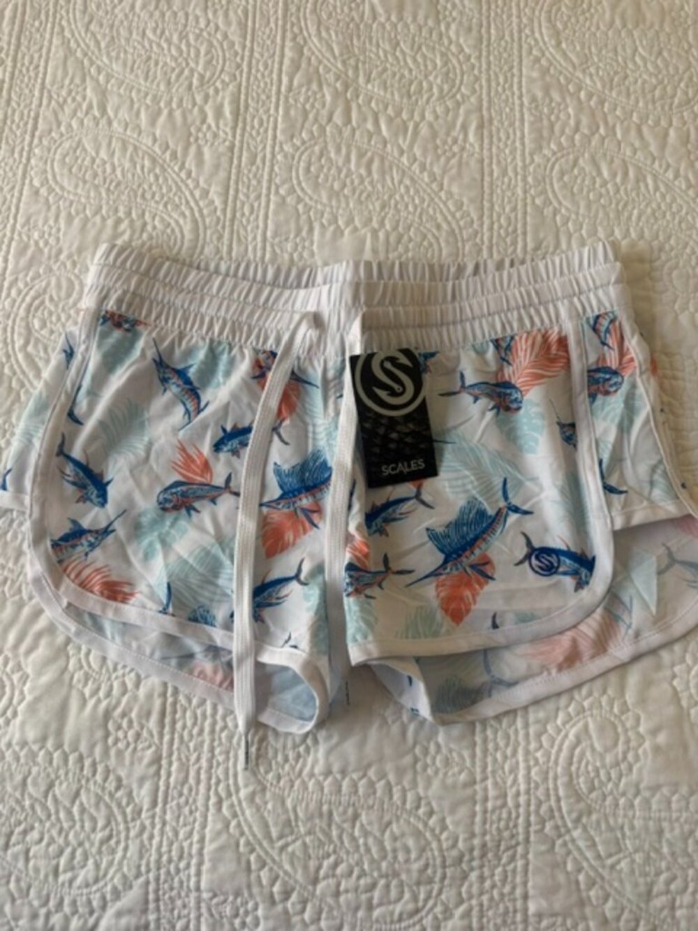 Scales Women's White Fish-Print Athletic Swim Shorts